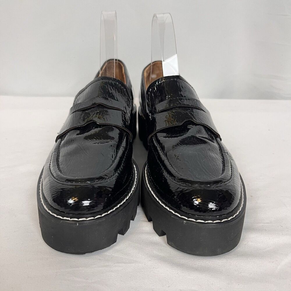Franco Sarto Black Patent Loafers Lug Sole Preppy Academia Chic Size 8.5 - Picture 2 of 11